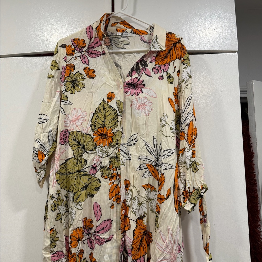 Floral Button-Up Shirt / dress with Tie Sleeves - Picture 2 of 2